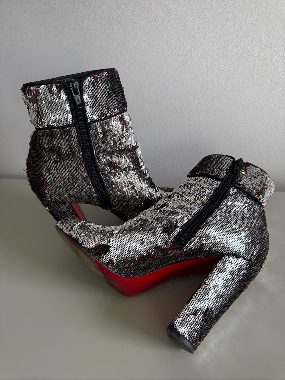 Christian Louboutin Silver Sequin Platform Ankle Boots